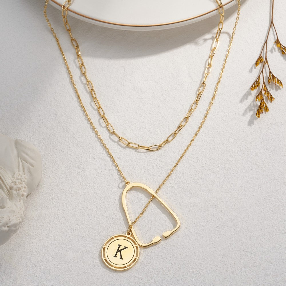 Brass Custom Initial Stethoscope Necklace for Woman, Graduation/Medical Student/Nurse/Doctor Gift