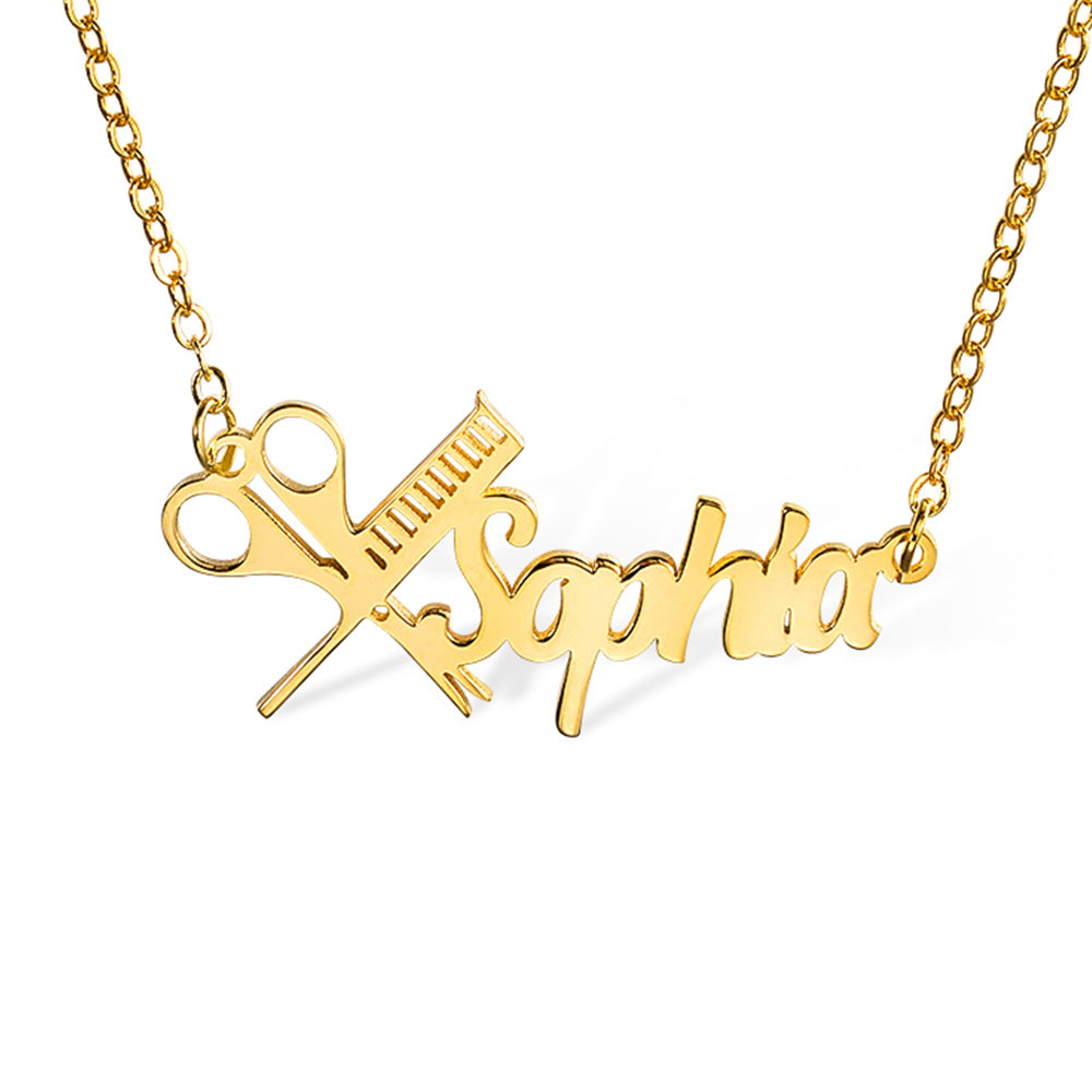 Sterling Silver 925 Personalized Hairdresser Name Necklace, Scissors and Comb Necklace with Custom Name, Nameplate Necklace, Gift for Hairdressers/Hairstylists/Barbers