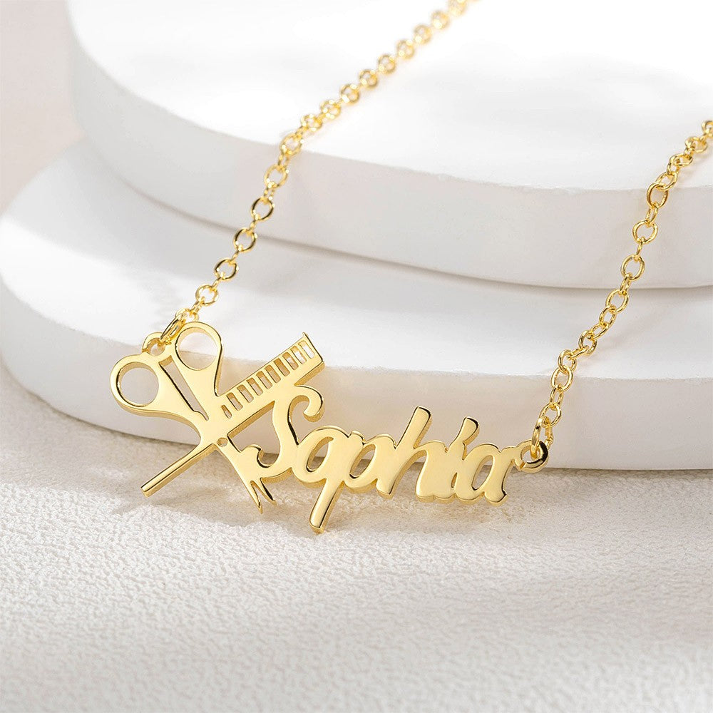 Stainless Steel Personalized Hairdresser Name Necklace, Scissors and Comb Necklace with Custom Name, Nameplate Necklace, Gift for Hairdressers/Hairstylists/Barbers