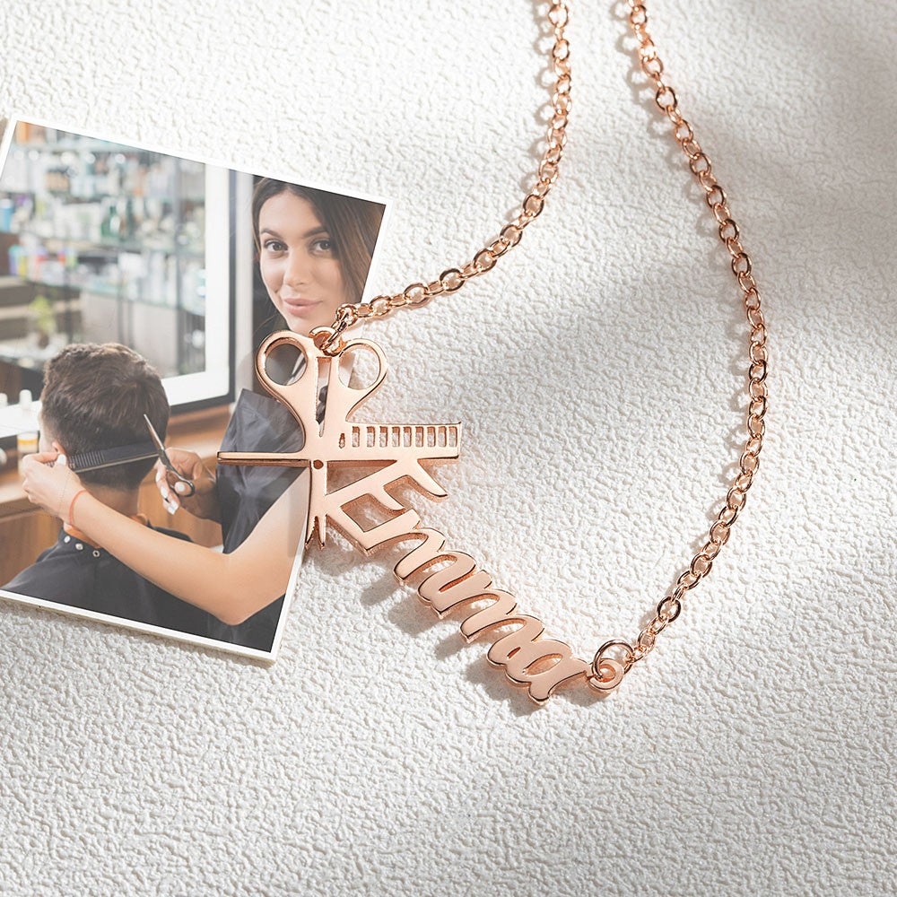 Stainless Steel Personalized Hairdresser Name Necklace, Scissors and Comb Necklace with Custom Name, Nameplate Necklace, Gift for Hairdressers/Hairstylists/Barbers