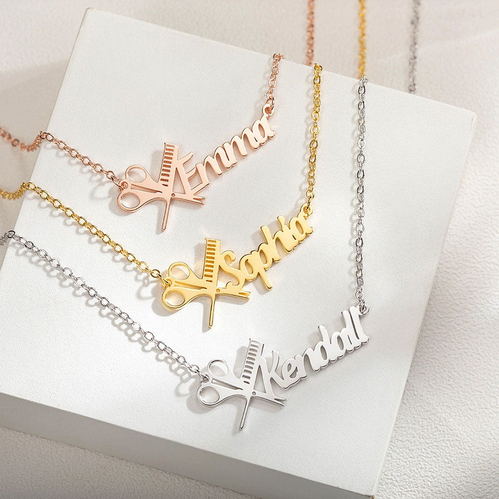 Stainless Steel Personalized Hairdresser Name Necklace, Scissors and Comb Necklace with Custom Name, Nameplate Necklace, Gift for Hairdressers/Hairstylists/Barbers