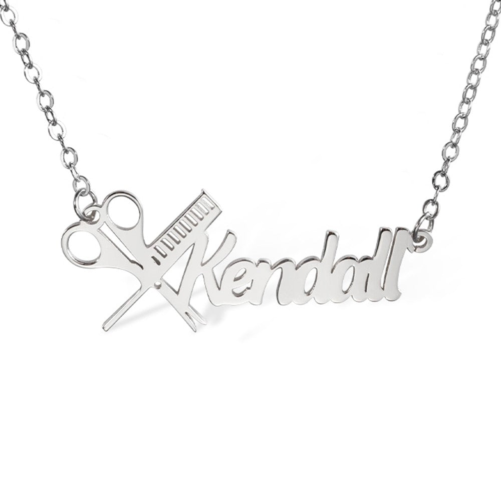 Sterling Silver 925 Personalized Hairdresser Name Necklace, Scissors and Comb Necklace with Custom Name, Nameplate Necklace, Gift for Hairdressers/Hairstylists/Barbers