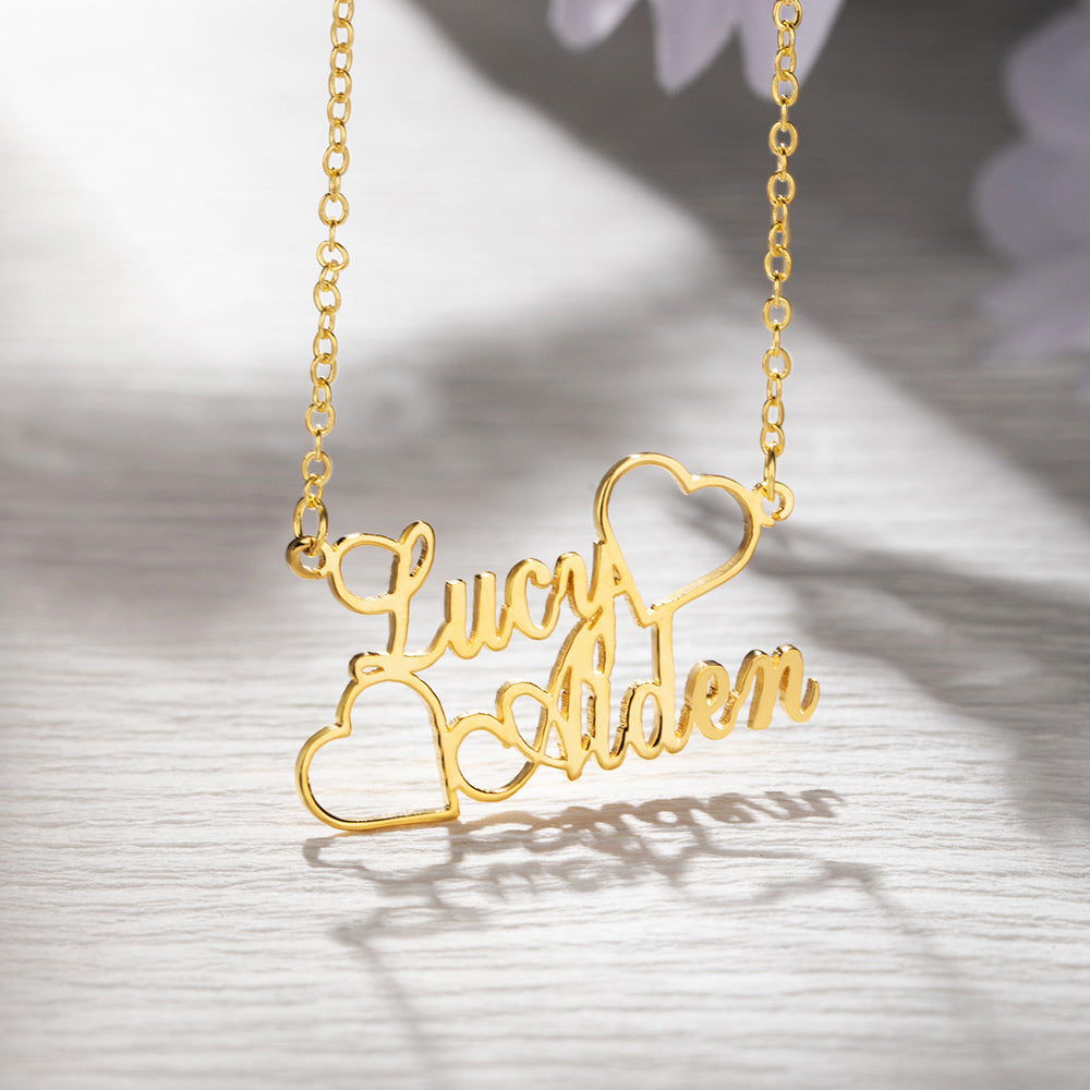 Personalized Two Names Necklace, Double Heart Necklace, Friendship Necklace, Sterling Silver 925 Jewelry, Family Necklace, Gift for Mom/Best Friend