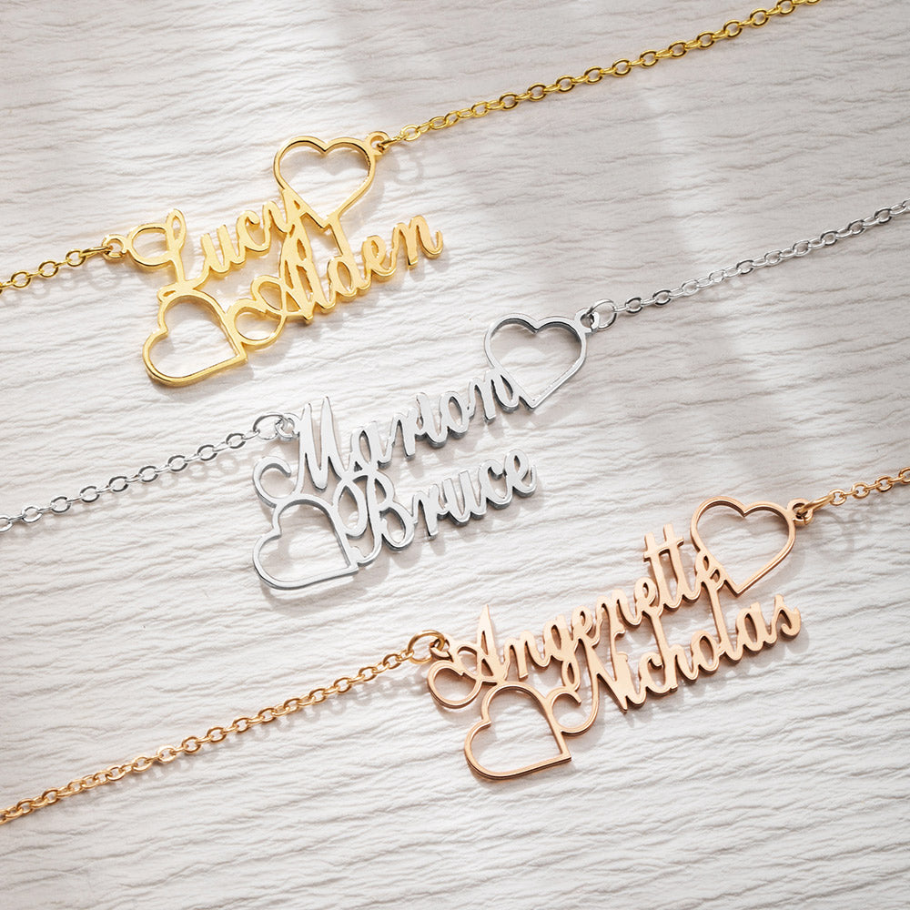 Personalized Two Names Necklace, Double Heart Necklace, Friendship Necklace, Sterling Silver 925 Jewelry, Family Necklace, Gift for Mom/Best Friend