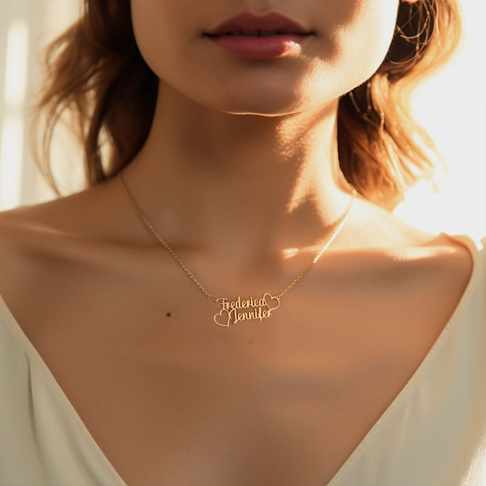 Personalized Two Names Necklace, Double Heart Necklace, Friendship Necklace, Sterling Silver 925 Jewelry, Family Necklace, Gift for Mom/Best Friend