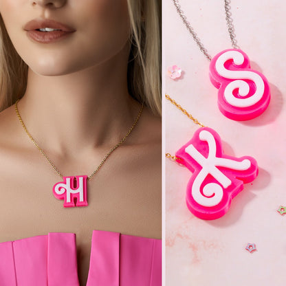 Personalized 3D Printed Initial Necklace, Stocking Filler Jewelry, Pink Doll Style Letter, Dopamine Necklace, Tiny Doll Accessory, Party Gift for Girl