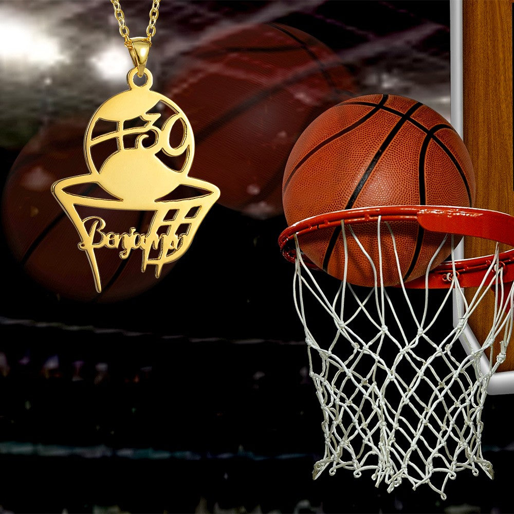 Custom Name and Number Basketball Necklace, Brass Sports Pendant Jewelry, Gift for Sports Lover/Basketball Athlete/Coach/Friends