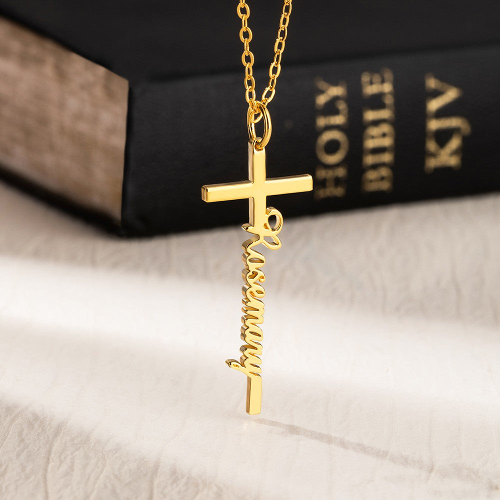 Personalized Cross Name Necklace,  Brass Custom Name Jewelry, Crucifix Necklace, Baptism/Christening/First Communion Gift