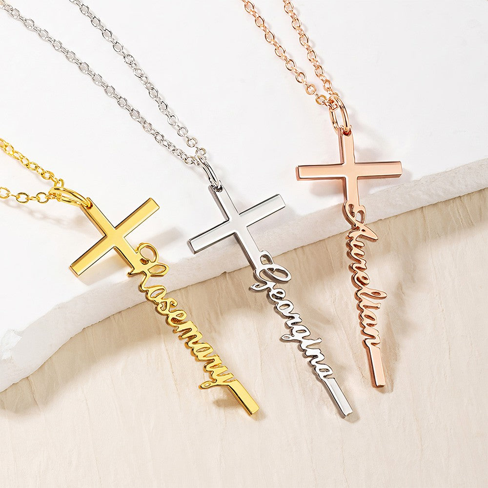 Personalized Cross Name Necklace,  Brass Custom Name Jewelry, Crucifix Necklace, Baptism/Christening/First Communion Gift