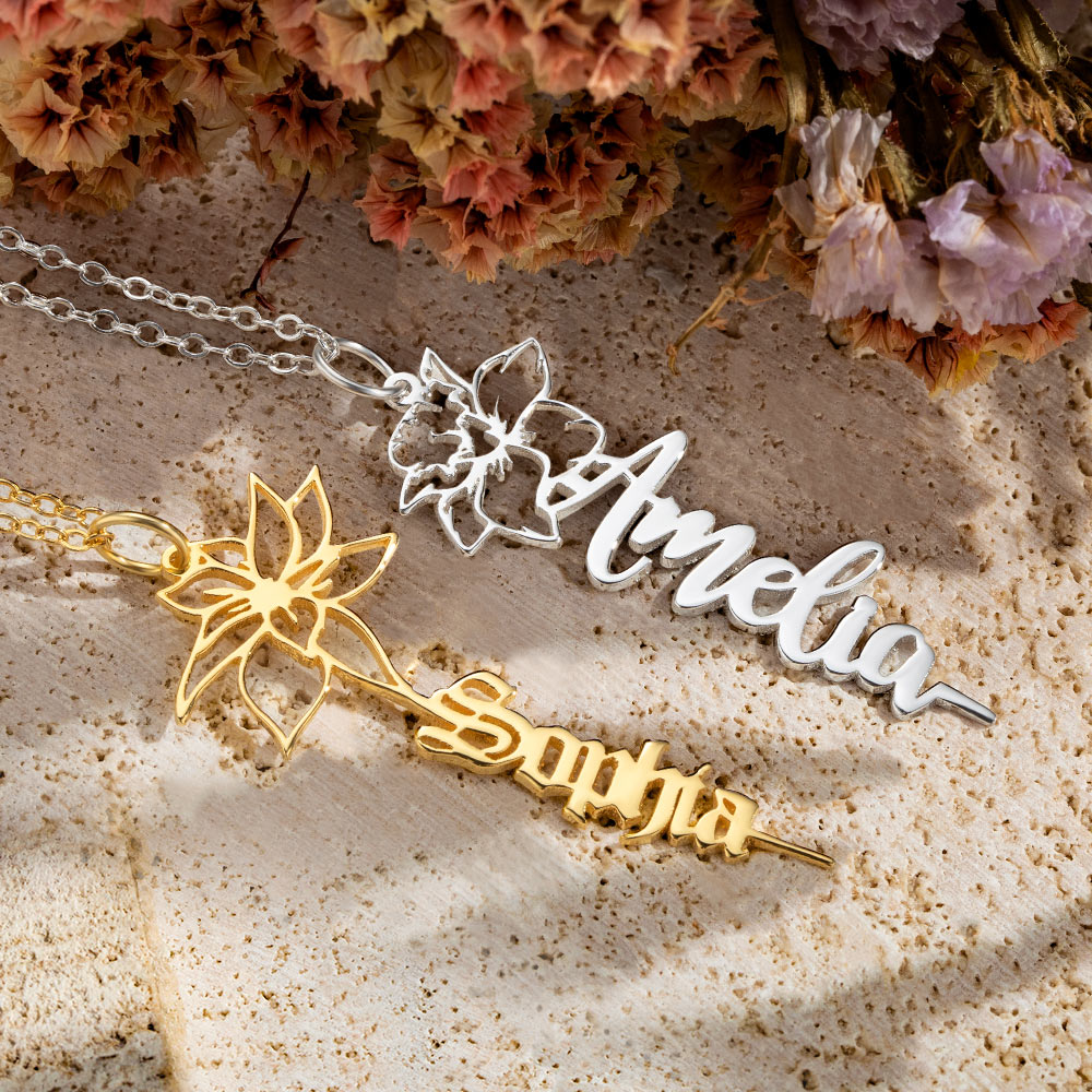 Dainty Floral Name Necklace with Birth Flower in  Sterling Silver 925, Personalized jewelry gift for her