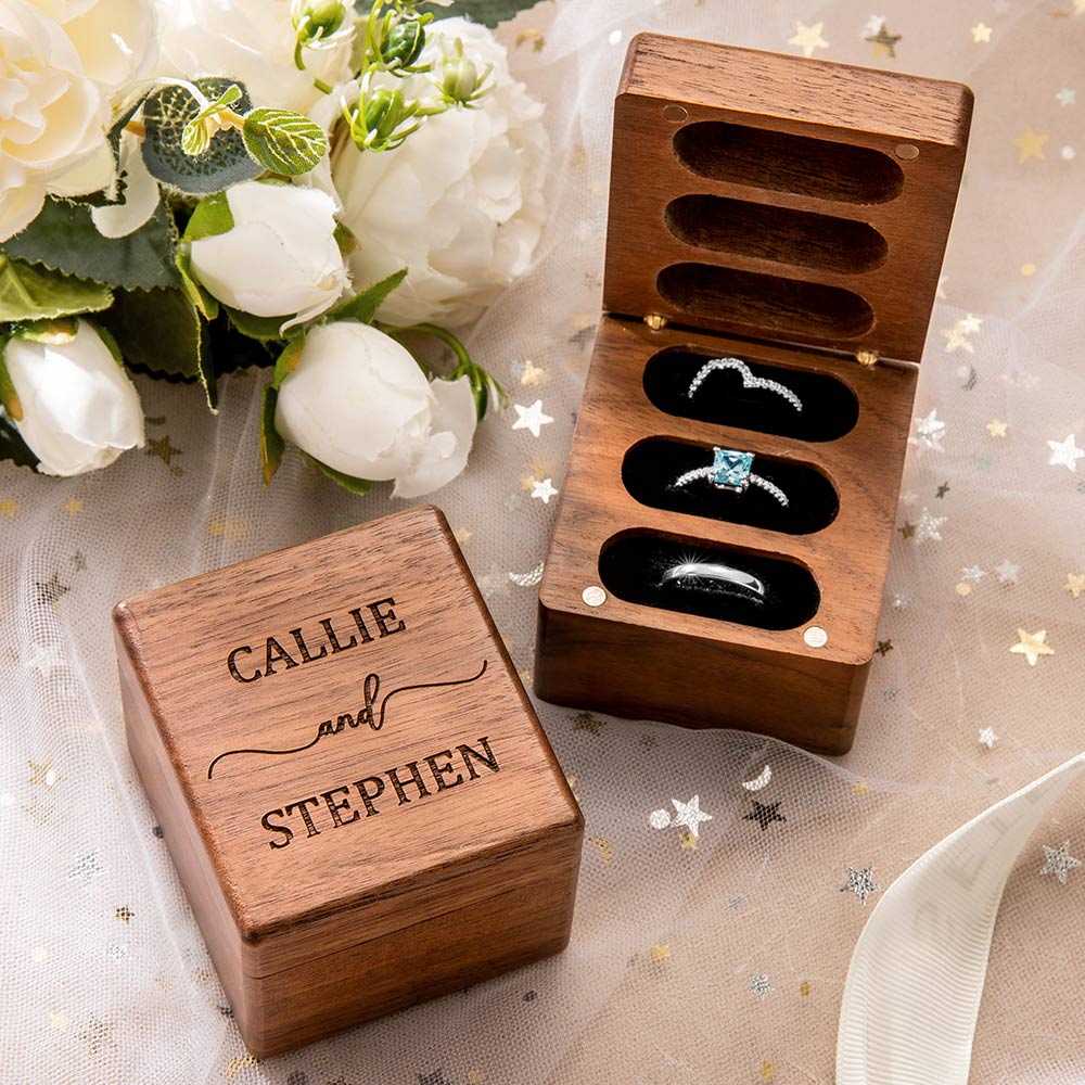 Personalized Triple Flip Wood Ring Box, custom jewelry box,