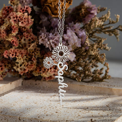 Dainty Floral Name Necklace with Birth Flower in  Sterling Silver 925, Personalized jewelry gift for her