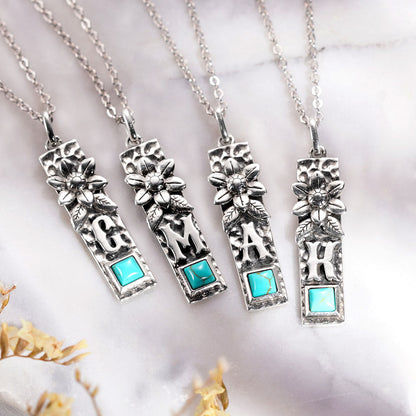 Personalized Vertical Bar Initial Necklace Turquoise Boho Style, custom Bohemian Jewelry