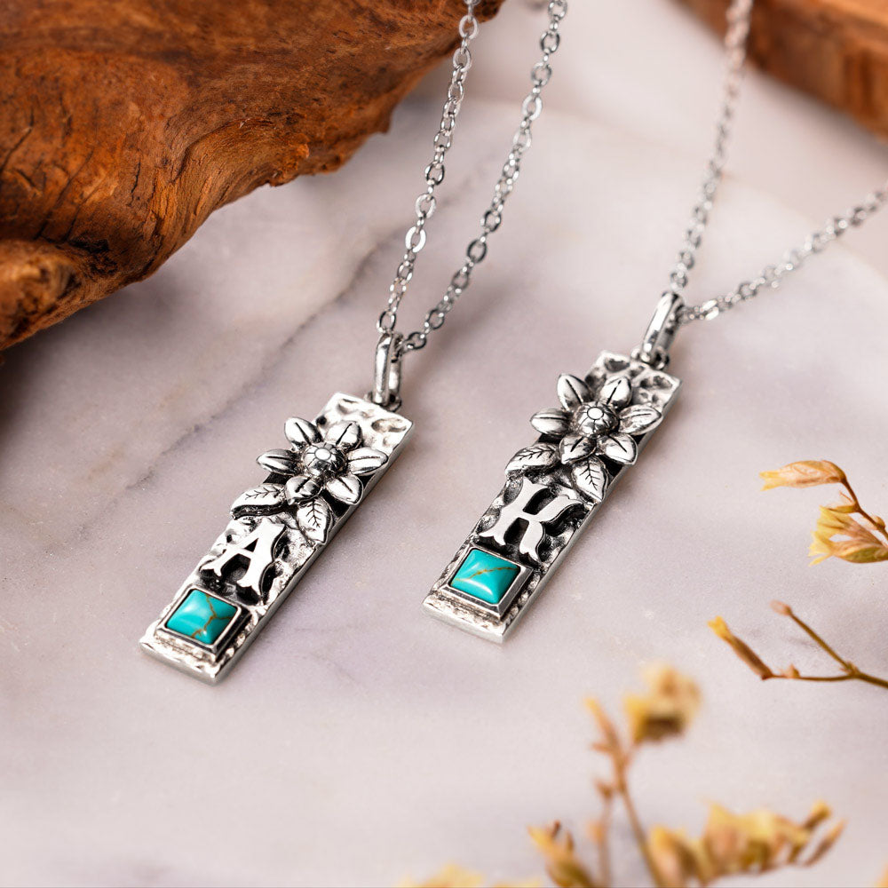 Personalized Vertical Bar Initial Necklace Turquoise Boho Style, custom Bohemian Jewelry