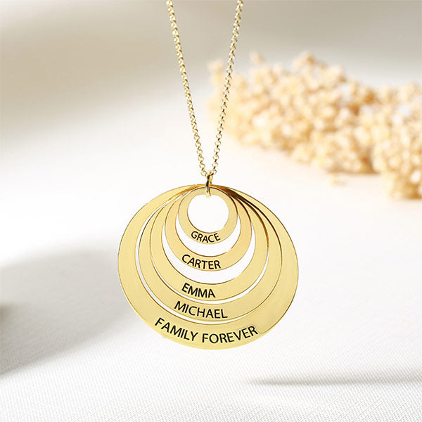 Engraved Family Stacked Circle Necklace, Personalized Multiple name necklace for her