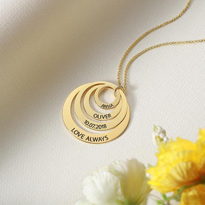 Engraved Family Stacked Circle Necklace, Personalized Multiple name necklace for her