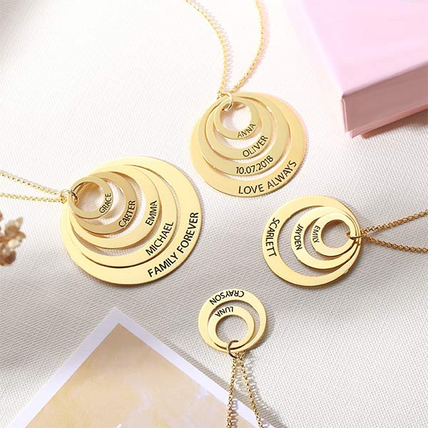 Engraved Family Stacked Circle Necklace, Personalized Multiple name necklace for her