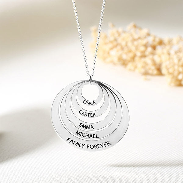 Engraved Family Stacked Circle Necklace, Personalized Multiple name necklace for her