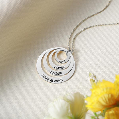 Engraved Family Stacked Circle Necklace, Personalized Multiple name necklace for her