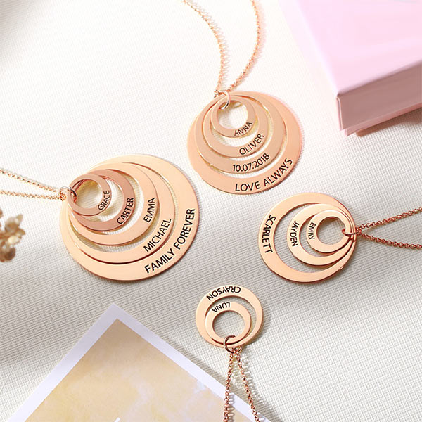 Engraved Family Stacked Circle Necklace, Personalized Multiple name necklace for her