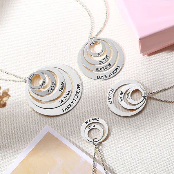 Engraved Family Stacked Circle Necklace, Personalized Multiple name necklace for her