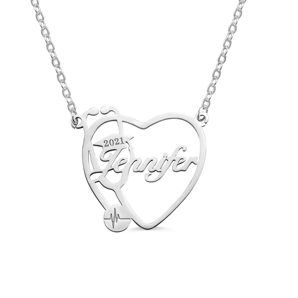 Nurse Graduation Heart Stethoscope Name Necklace