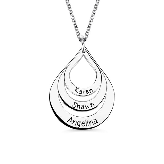 Engraved Drop Shaped 3 Names Necklace, Tear Drop Necklace Personalized Jewelry for her