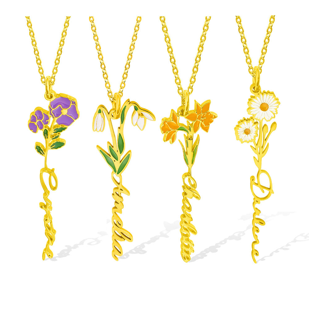 Personalized Birth Flower Name Necklace, Botanical Custom Name Necklace