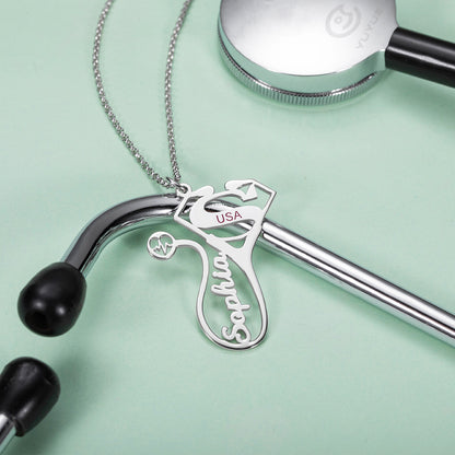 Custom Stethoscope Name Necklace for Medical Workers Sterling Silver, custom gfts for doctors and nurses