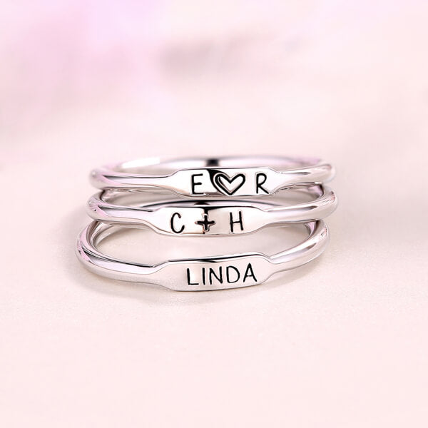 Personalized Initial and Name Stackable Bar Rings in Silver