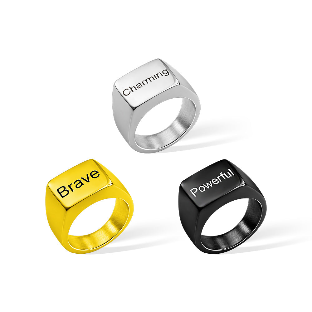 Men's Engraved Ring Stainless Steel Promise Rings Rectangular Style