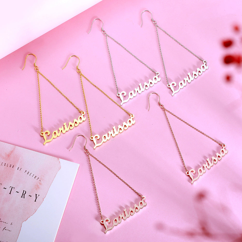 Personalized Triangle Name Earrings, Custom Triangular Earings for her