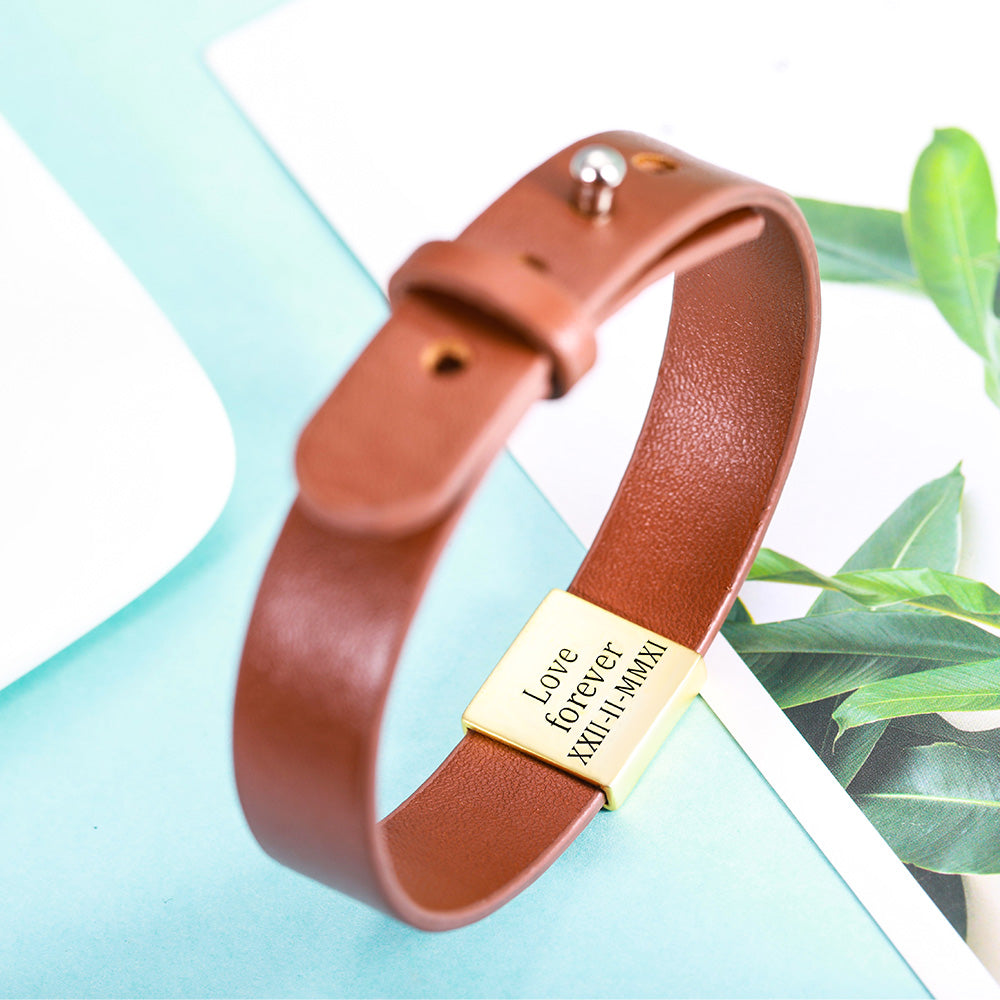 Engraved Leather Bracelet For Men