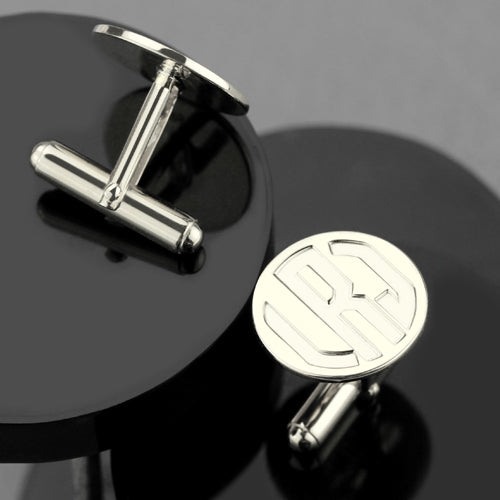 Engraved Block Monogram Disc Cufflinks Sterling Silver