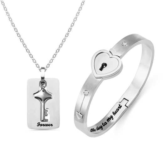 Personalized Couple's Bracelet and Key Necklace Set, Custom Anniversary Gift