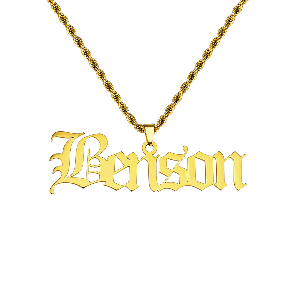 Men Old English Font Name Necklace, Gothic Style Name Pendant for him, Old English Script Nameplate, Custom Goth Jewelry