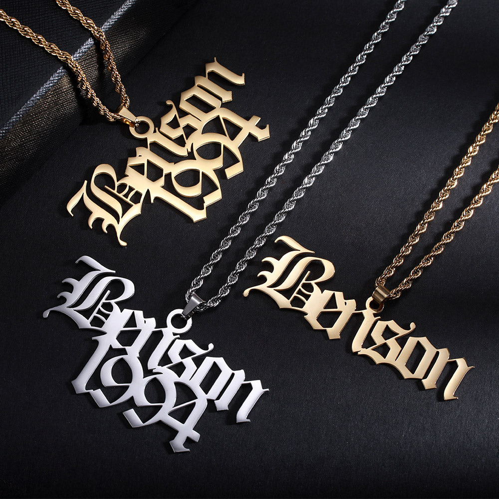 Men Old English Font Name Necklace, Gothic Style Name Pendant for him, Old English Script Nameplate, Custom Goth Jewelry