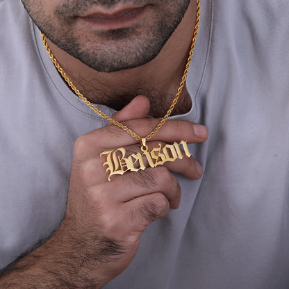 Men Old English Font Name Necklace, Gothic Style Name Pendant for him, Old English Script Nameplate, Custom Goth Jewelry