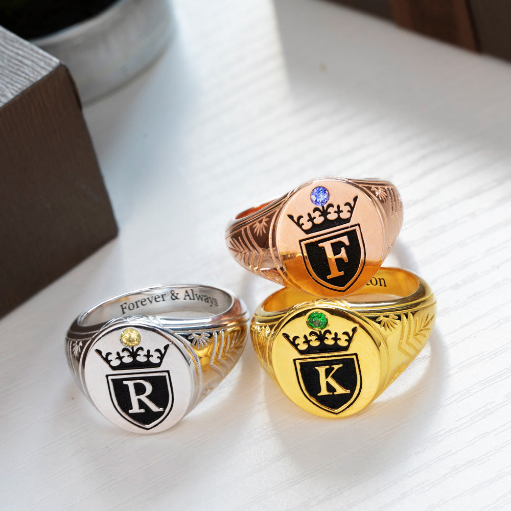 Personalized Initial and Birthstone Engraved Crown Signet Ring for men