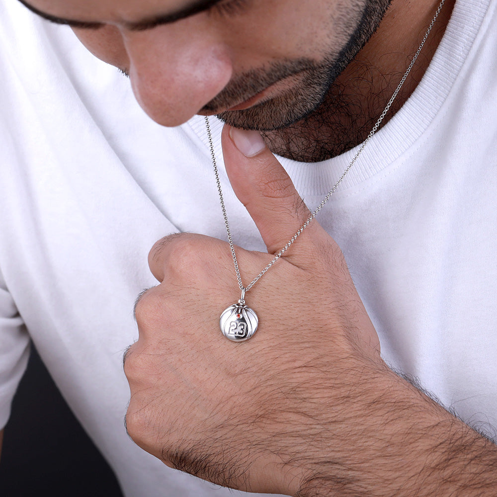 Engraved Basketball Necklace with Number And Birthstone in Silver