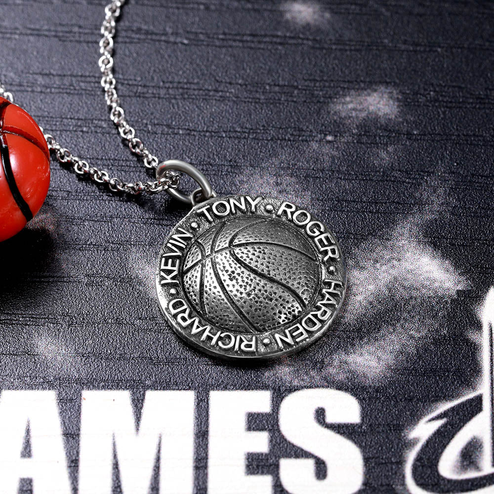 Basketball Necklace with Names in Circle in Sliver