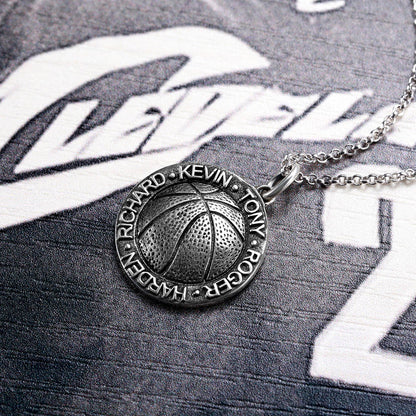 Basketball Necklace with Names in Circle in Sliver