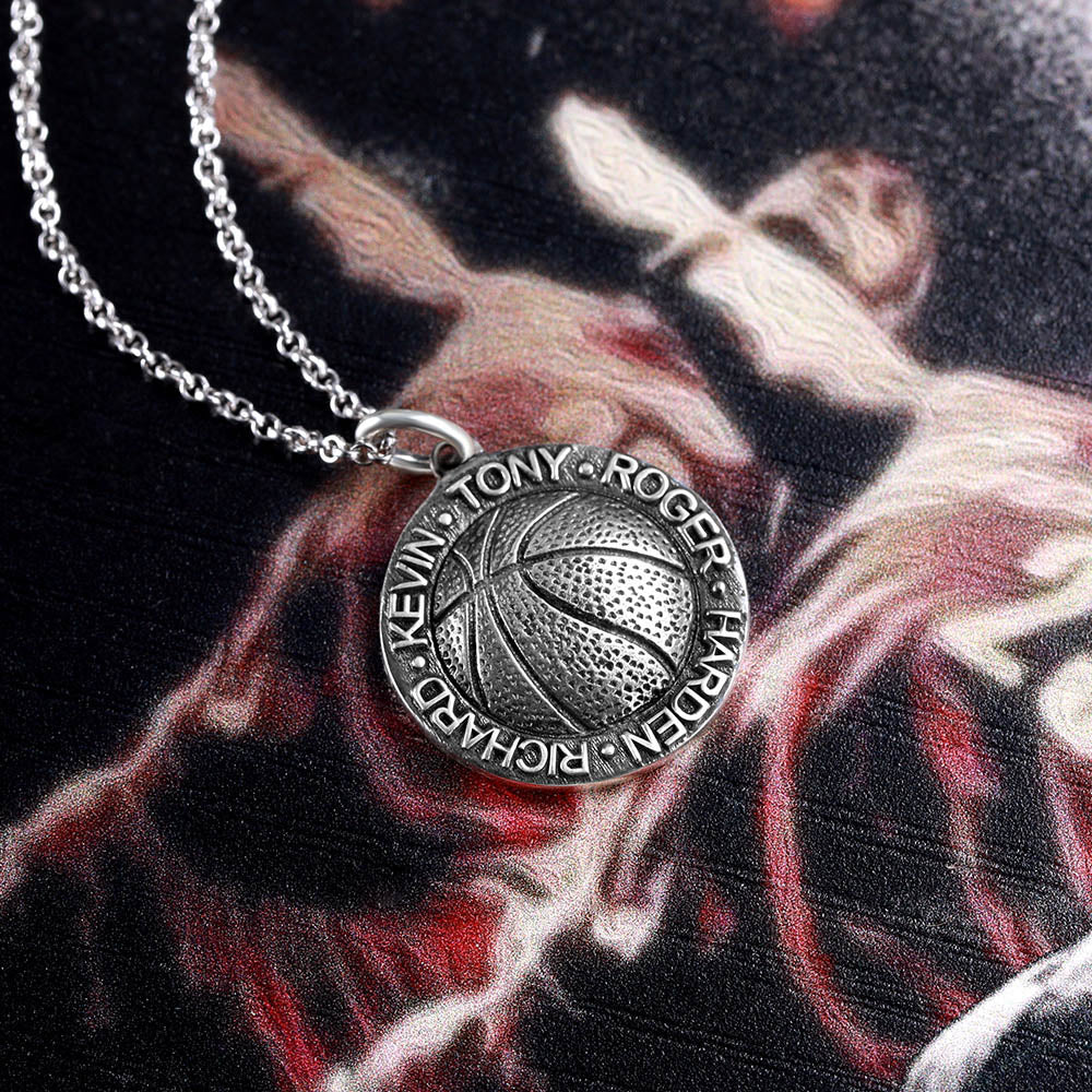 Basketball Necklace with Names in Circle in Sliver