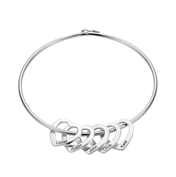 Personalized Bangle Bracelet with Heart Pendants in Silver, custom bangles bracelets for her, gift for mom or anniversary