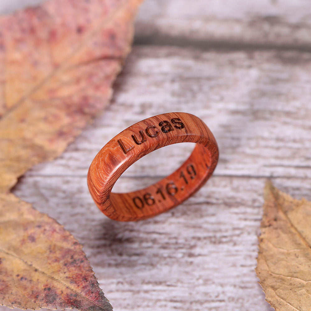 Engraved Burma Padauk Wood Ring With Ring Box