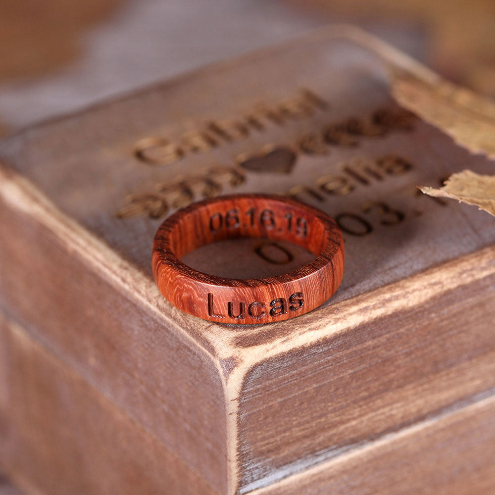 Engraved Burma Padauk Wood Ring With Ring Box