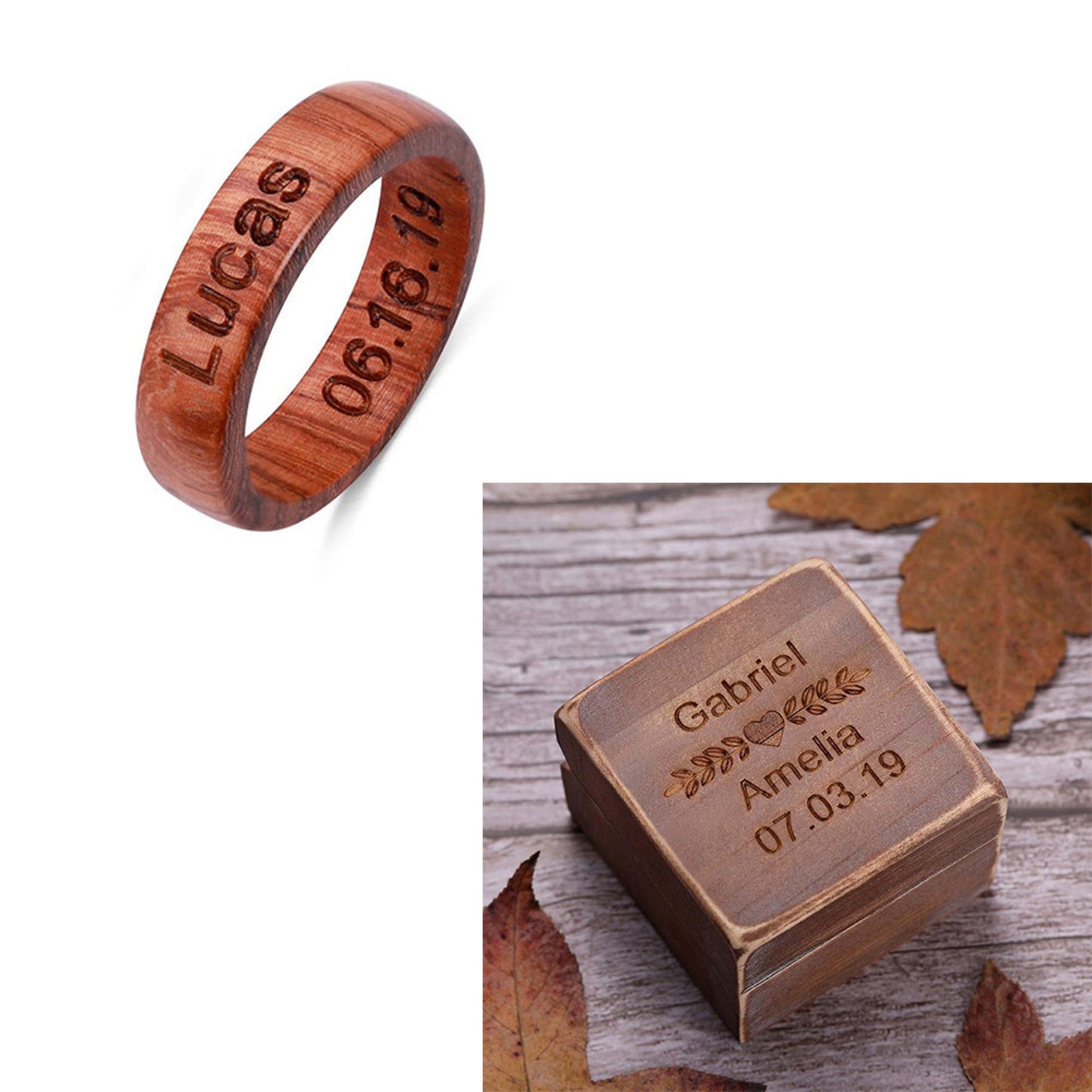 Engraved Burma Padauk Wood Ring With Ring Box