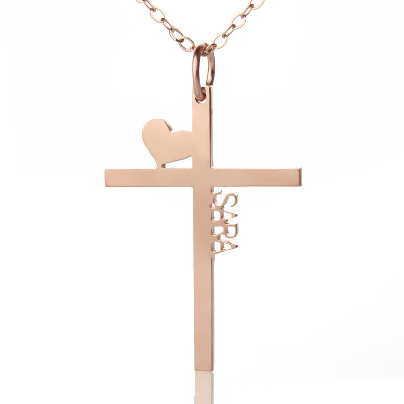 Personalized Rose Gold Plated Silver Cross Name Necklace with Heart
