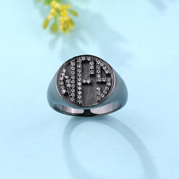 Personalized CZ Circle Monogram Ring Black plated