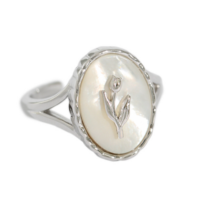 Shell Oval Tulips Flower 925 Sterling Silver Ring